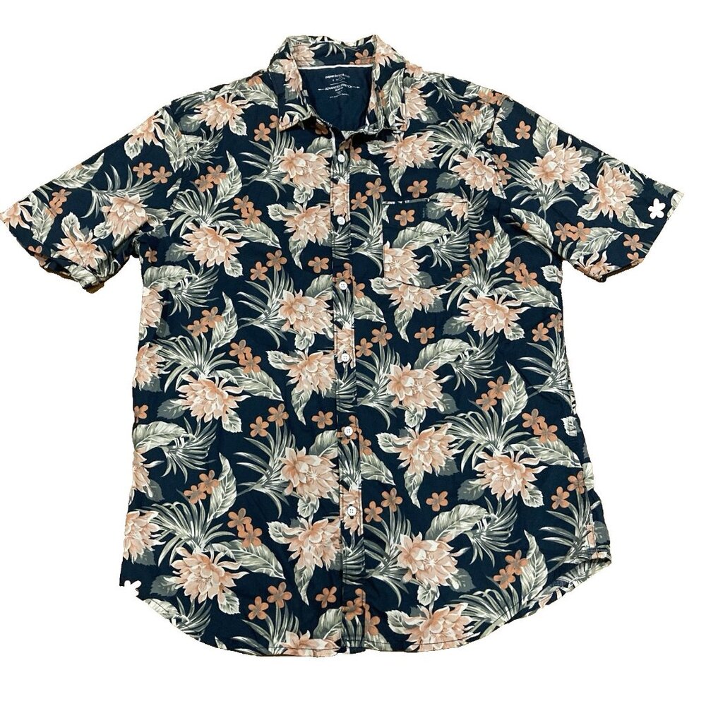 Paper Denim & Cloth Mens Shirt Size L Blue Peach Floral Short Sleeve